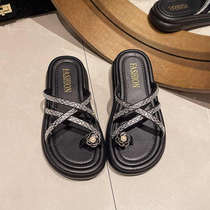 Women's thick-soled thong sandals - new summer collection: floral rhinestone crossover strap roman slip-on sandals
