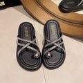 Women's thick-soled thong sandals - new summer collection: floral rhinestone crossover strap roman slip-on sandals