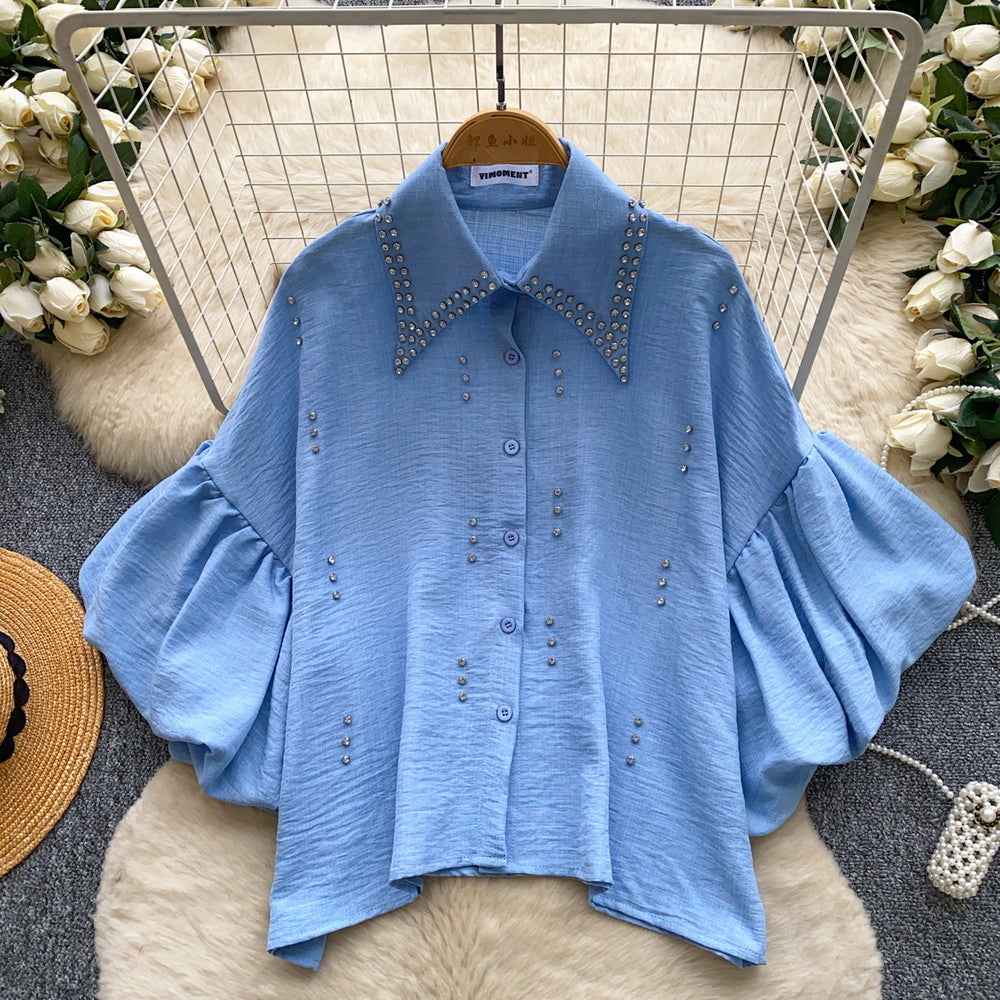French-style heavy beaded lapel diamond-embellished shirt for women - summer lantern sleeve cardigan, loose fit, versatile, high-end top
