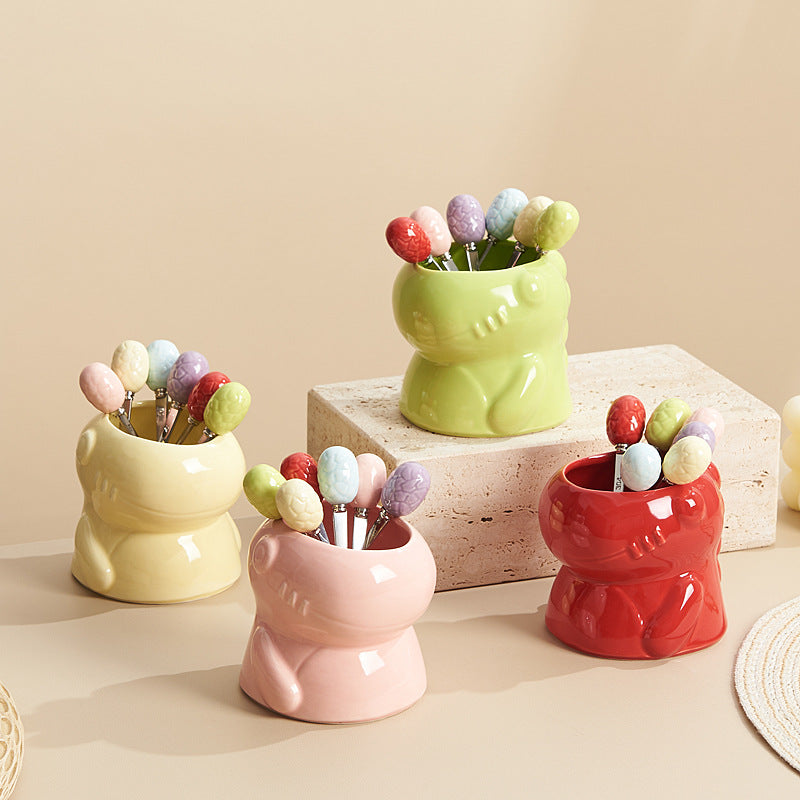 Cute dinosaur cartoon high-value ceramic cute fruit fork box stainless steel fruit fork suit afternoon tea spoon combination