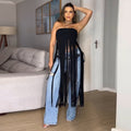 C7436 cross-border   fashion women's clothing: deerskin velvet sexy bandeau solid color tassel maxi dress