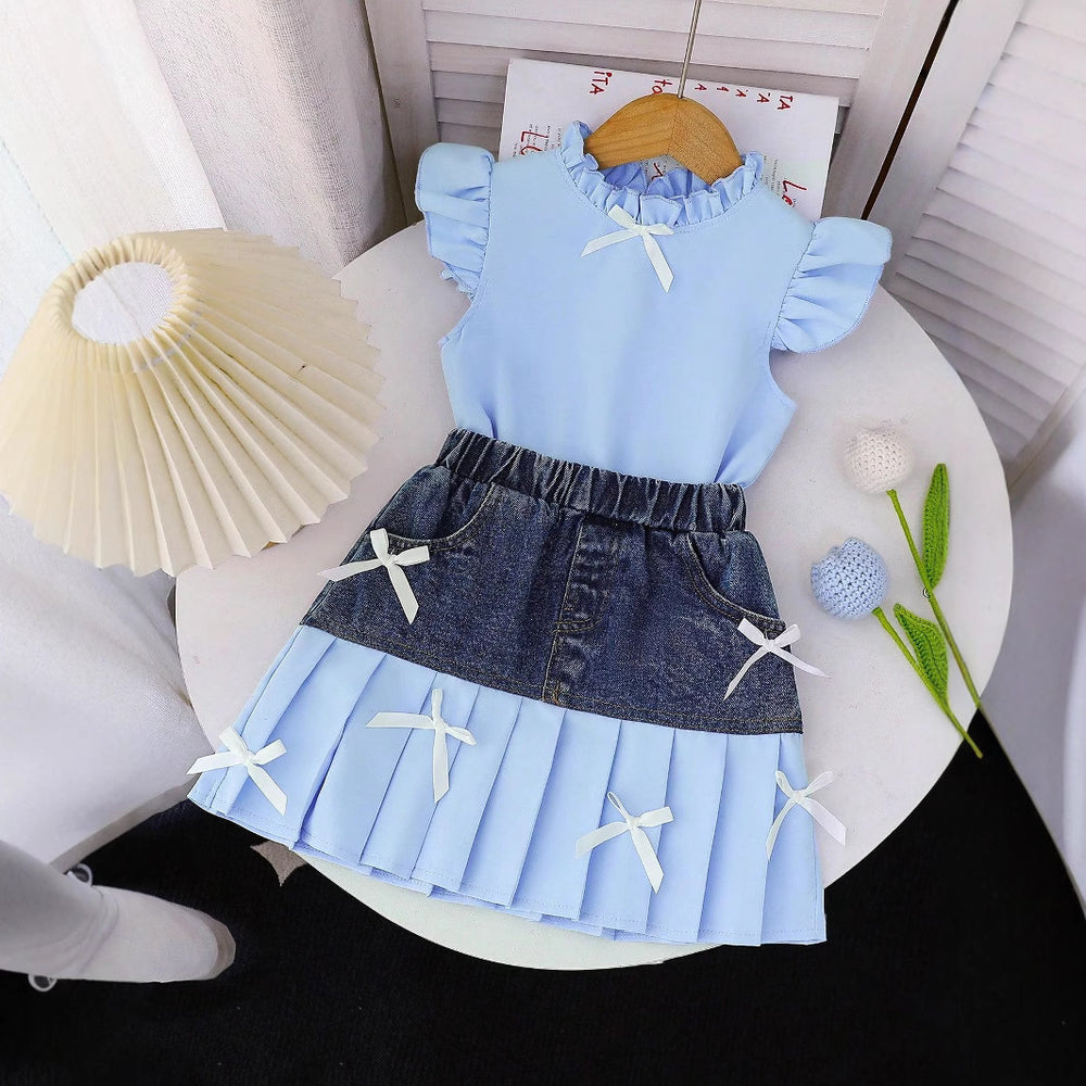 spring/summer new arrival: girls' ruffle-neck flutter sleeve top and denim skirt two-piece set with bow detail
