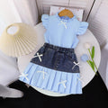 spring/summer new arrival: girls' ruffle-neck flutter sleeve top and denim skirt two-piece set with bow detail