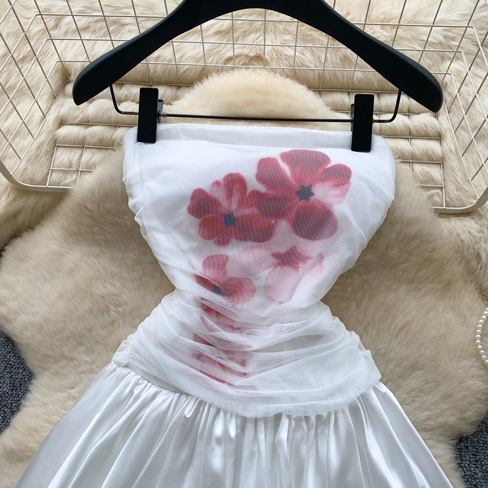 Sweet girly print bandeau dress - women's summer korean style high waist slimming flared tulip skirt - white