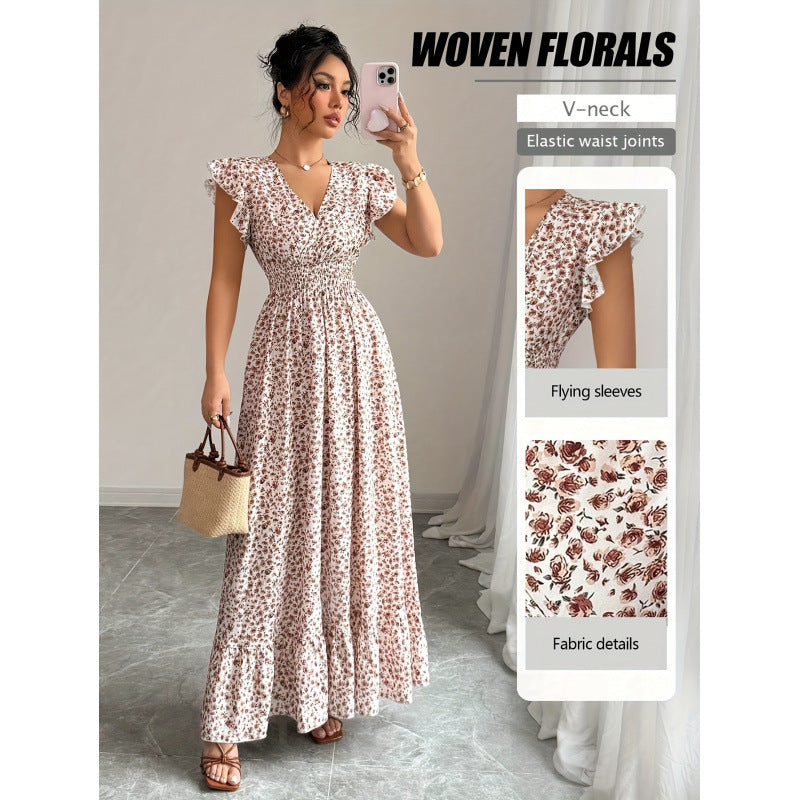 code new arrival  women's original elegancev neck small floral dress waist olive