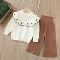 Girls' knitted sweater two-piece set,  autumn/winter new arrival, handmade floral detail, little girl's pullover knit sweater and pants outfit