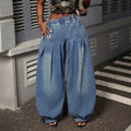European and american style washed denim elastic waist pleated wide leg jeans - casual, versatile, high-waisted, lantern pants, plus size, loose fit, streetwear