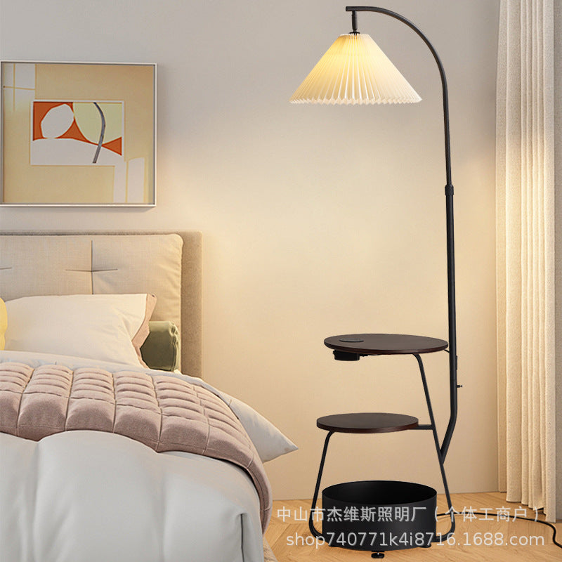 Cream style with shelves, multi-layer solid wood side table, storage floor lamp, pleated lampshade next to the sofa, reading atmosphere lamp