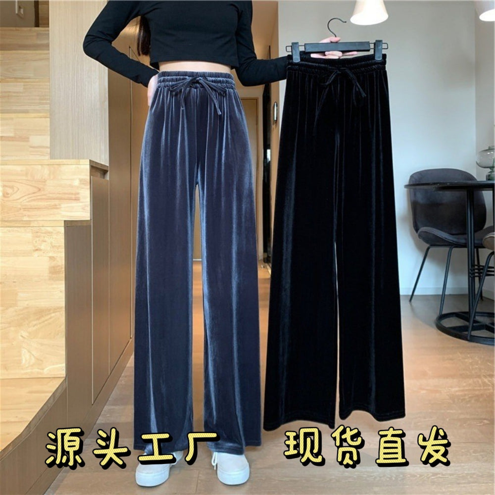 Women's high-waisted, drapey velvet wide-leg pants - casual, loose-fit straight-leg corduroy trousers - suitable for autumn, winter, and spring