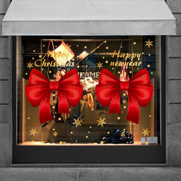 Shopping mall window decorations Merry Christmas English letters Red streamer bow Golden snowflake static sticker