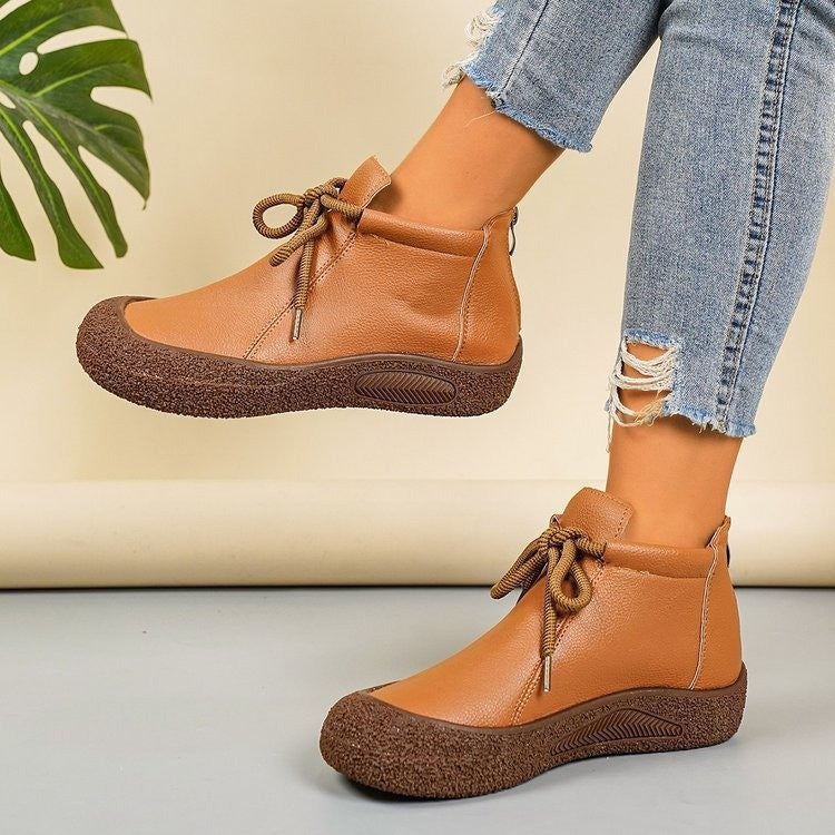 Exportplus sizetie backretro short boots thick solefall and winternew arrivalcasual soft leather back zipper plaid soft bottomboots