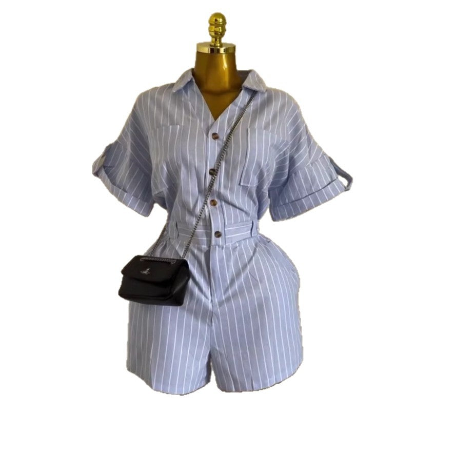European and american cross-border women's fashion:  summer new arrivals - stylish blue and white striped loose-fit shirt, wide-leg shorts, and jumpsuit set