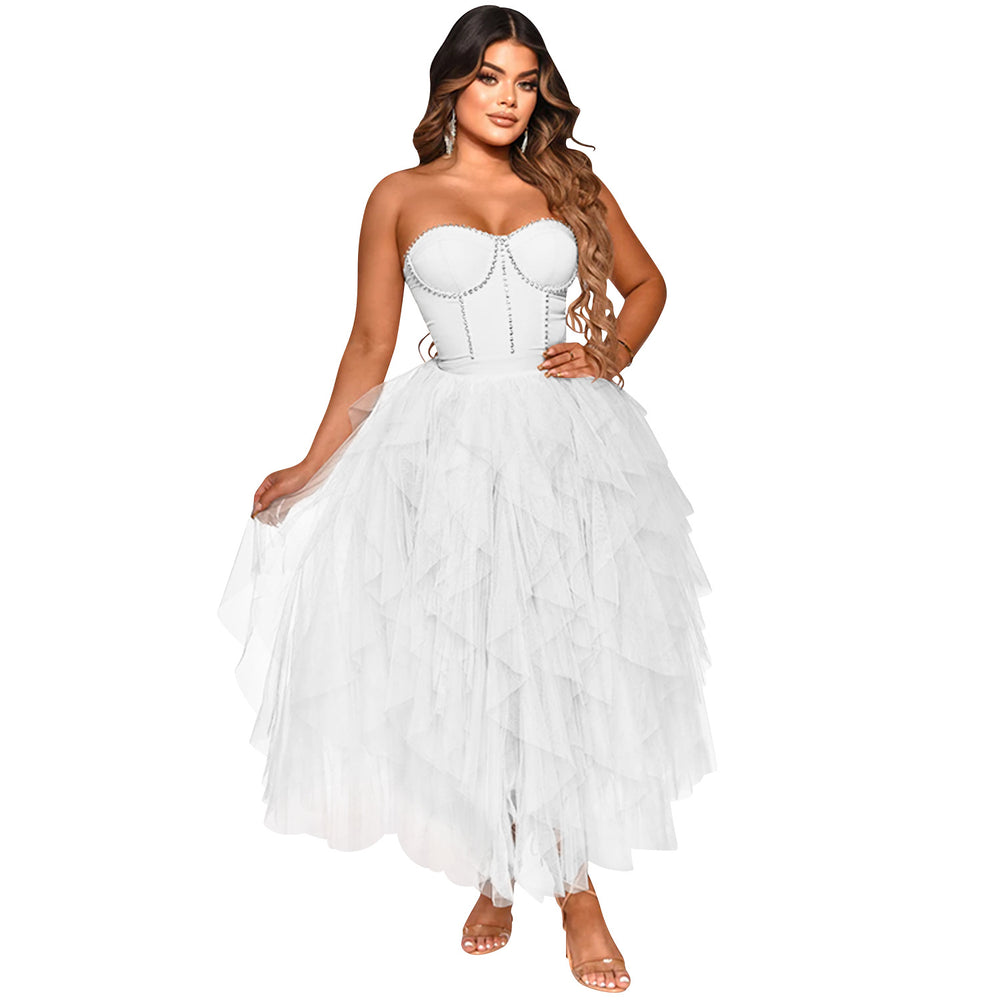 X5709 new arrival:  &  fashionable solid color hotfix rhinestone bandeau fluffy mesh dress - women's apparel