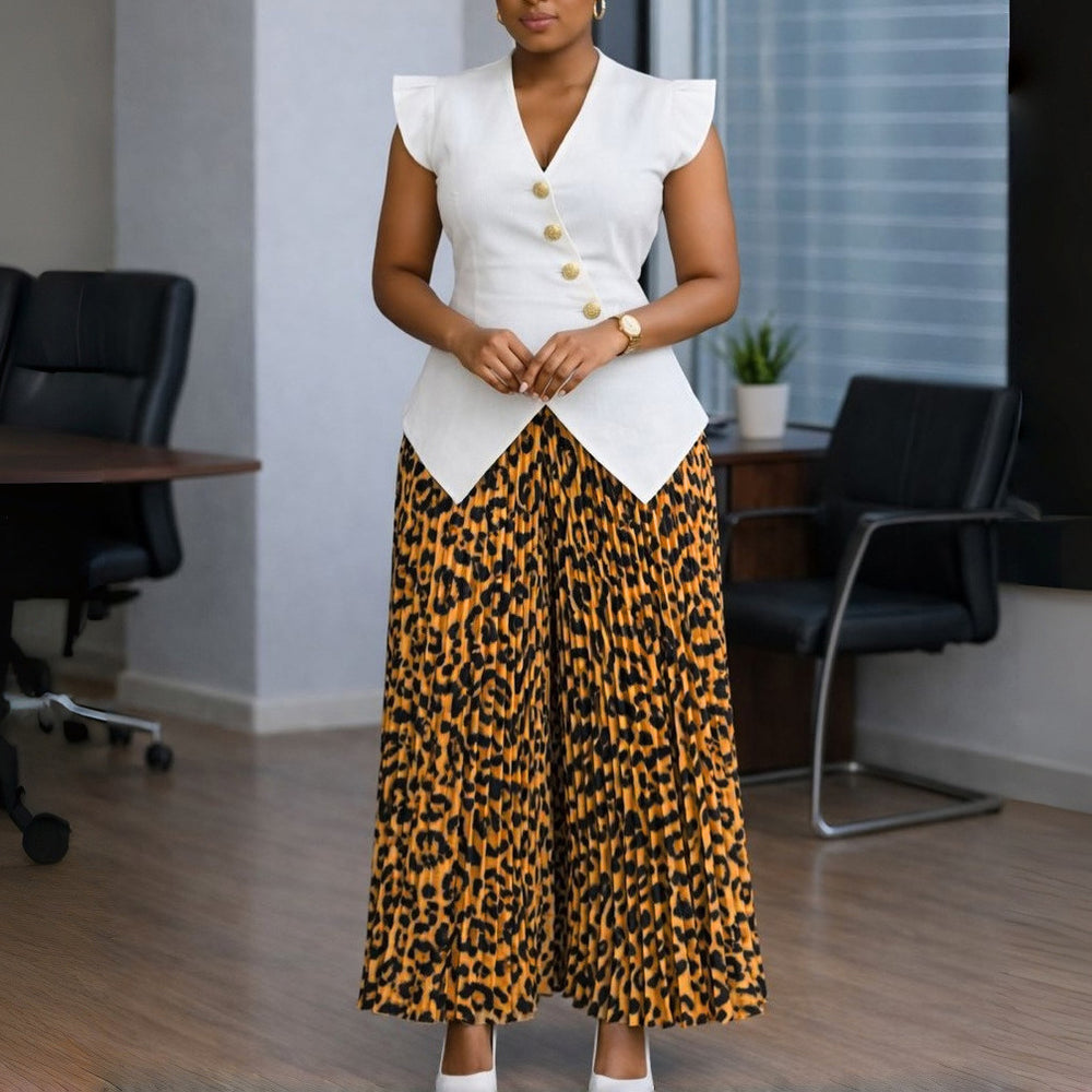 D632 european and american cross-border fashion sleeveless button-up solid color v-neck top with printed pleated wide-leg pants african two-piece set