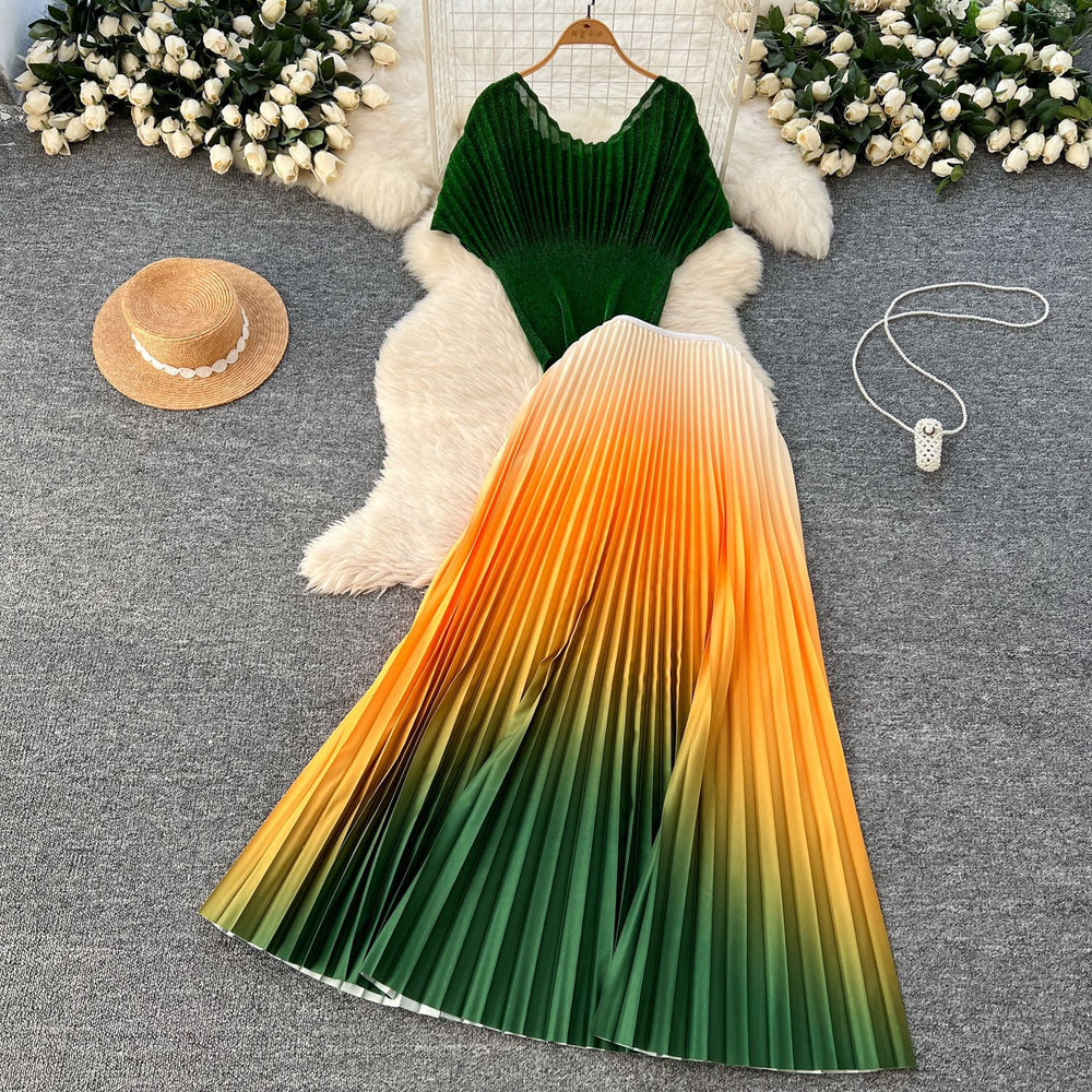 Miya pleated suit women's summer sense of design silm sparkly short sleeve topshigh waist gradient color pleated skirt