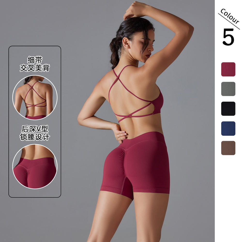 New seamless solid color criss-cross back high-elasticity compression sports bra and leggings set - perfect for running and fitness