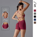 New seamless solid color criss-cross back high-elasticity compression sports bra and leggings set - perfect for running and fitness