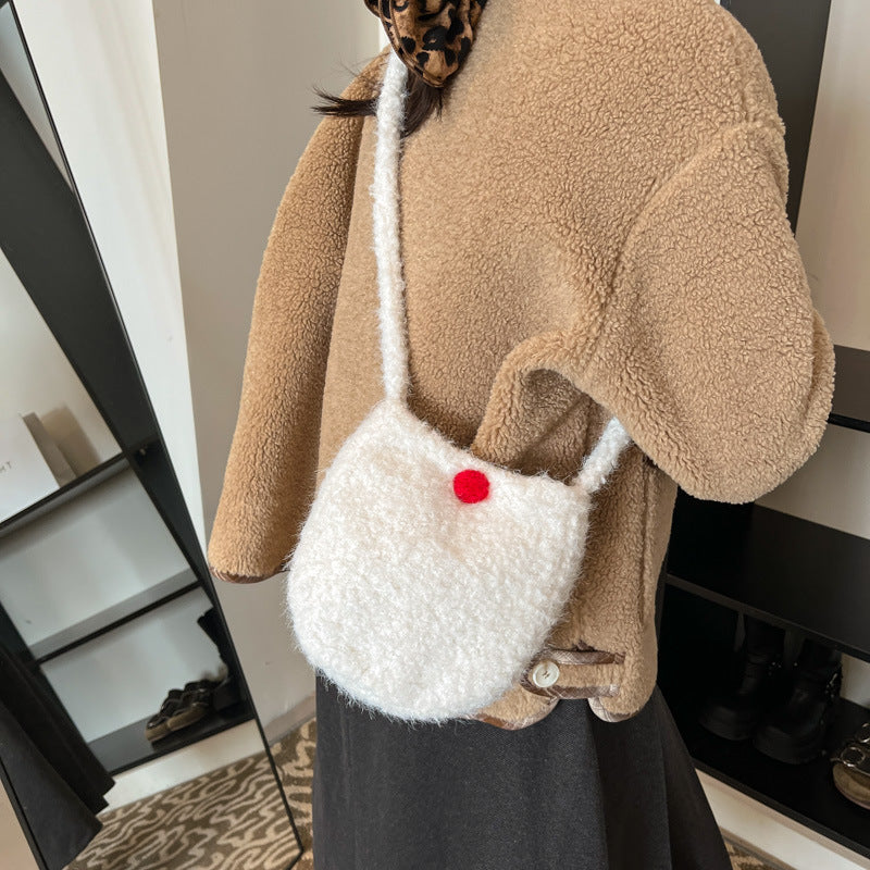 New cute plush bag autumn and winter fashion versatile women's shoulder bag solid color simple going out messenger mobile phone bag