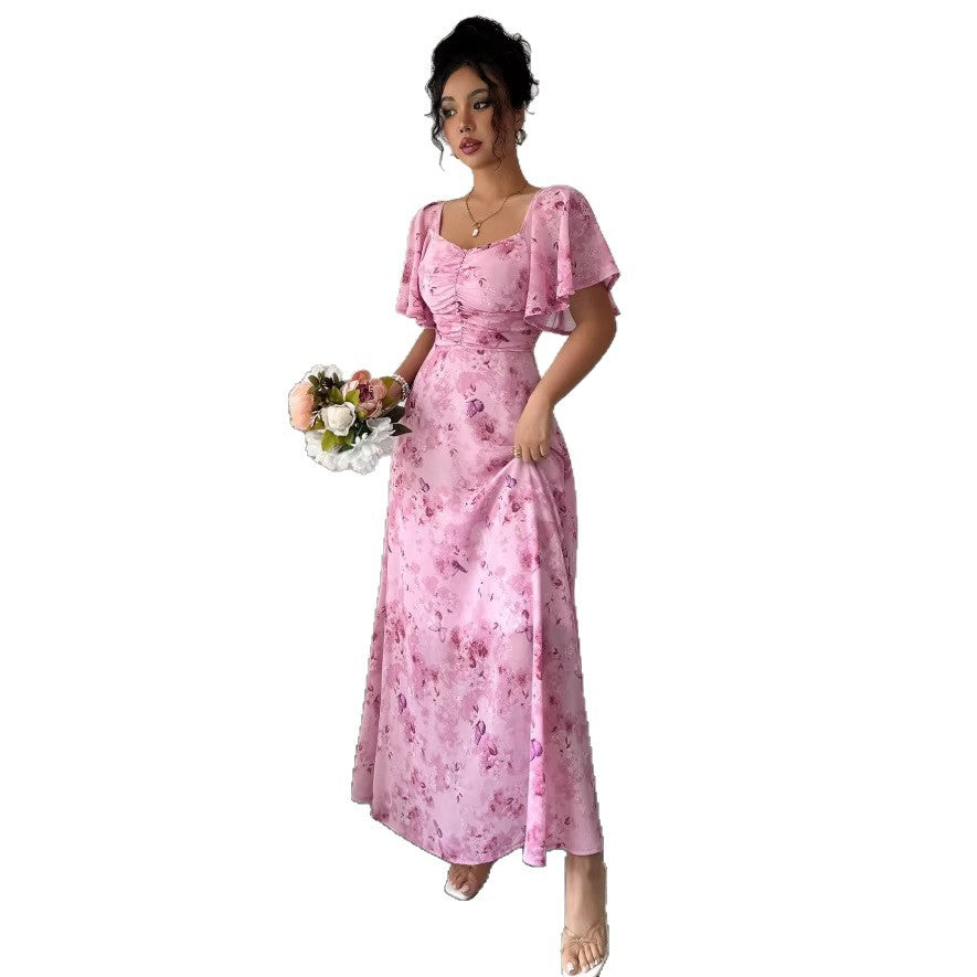 european and american  cross-border new french v-neck floral maxi dress with puff sleeves