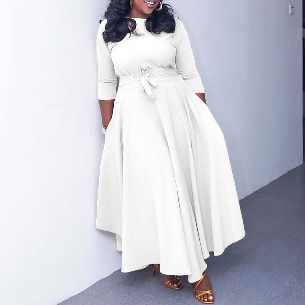 Q099 cross-border women's fashion:  autumn/winter new collection - elegant tie-waist african-style plus size midi dress for export