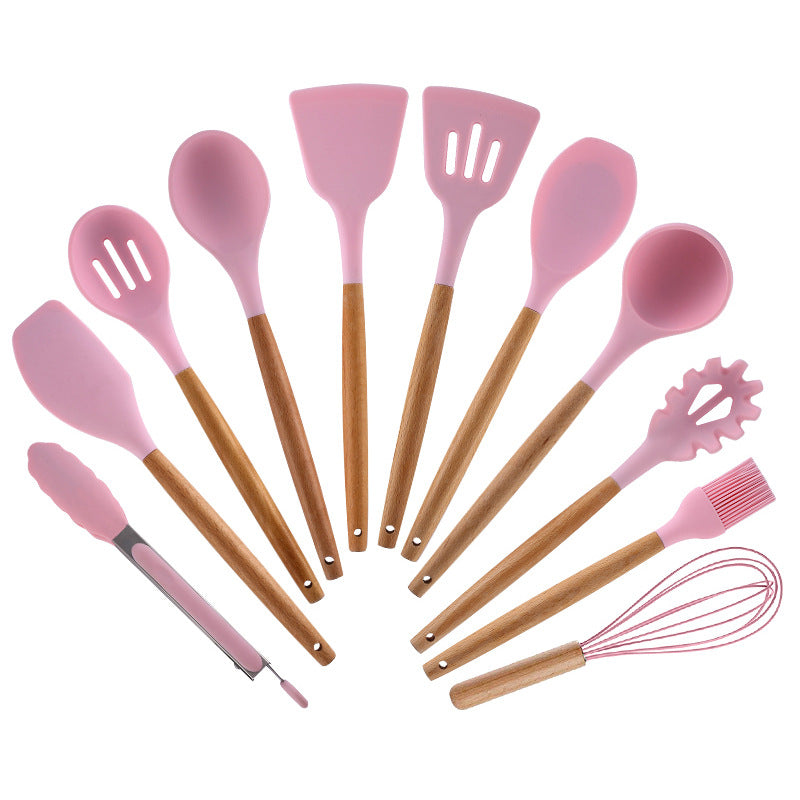 in stock silicone kitchenware for home non-stick pan cooking spatula baking colorful wooden handle kitchen supplies