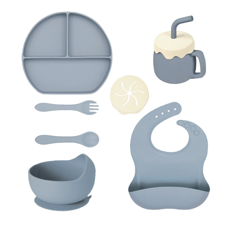 Children's Silicone Plate 7-piece Set Baby Separate Plate Feeding Bib Water Cup Fork Spoon Supplementary Food Bowl Tableware
