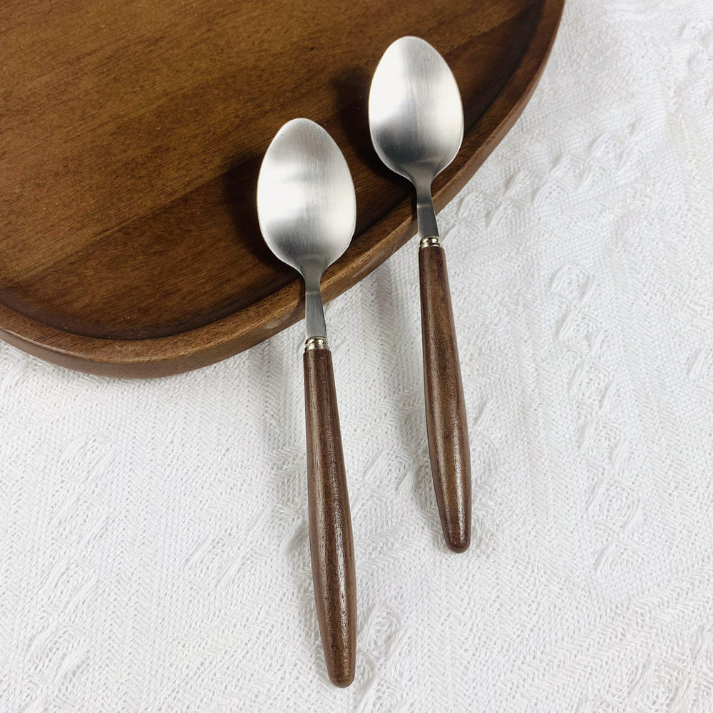 Walnut stainless steel dessert fork coffee spoon set - premium cutlery for home use - cake, fruit, and dessert forks with wooden handles