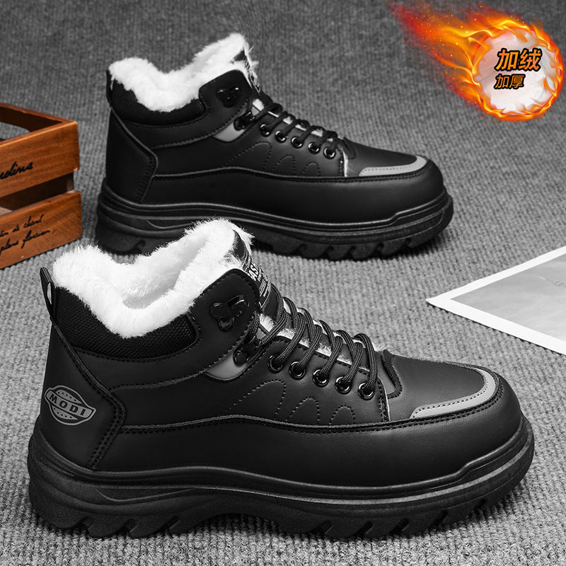 2025 winter men's high-top fleece-lined warm leather shoes, black korean style martin boots, thickened casual cotton shoes, dad shoes
