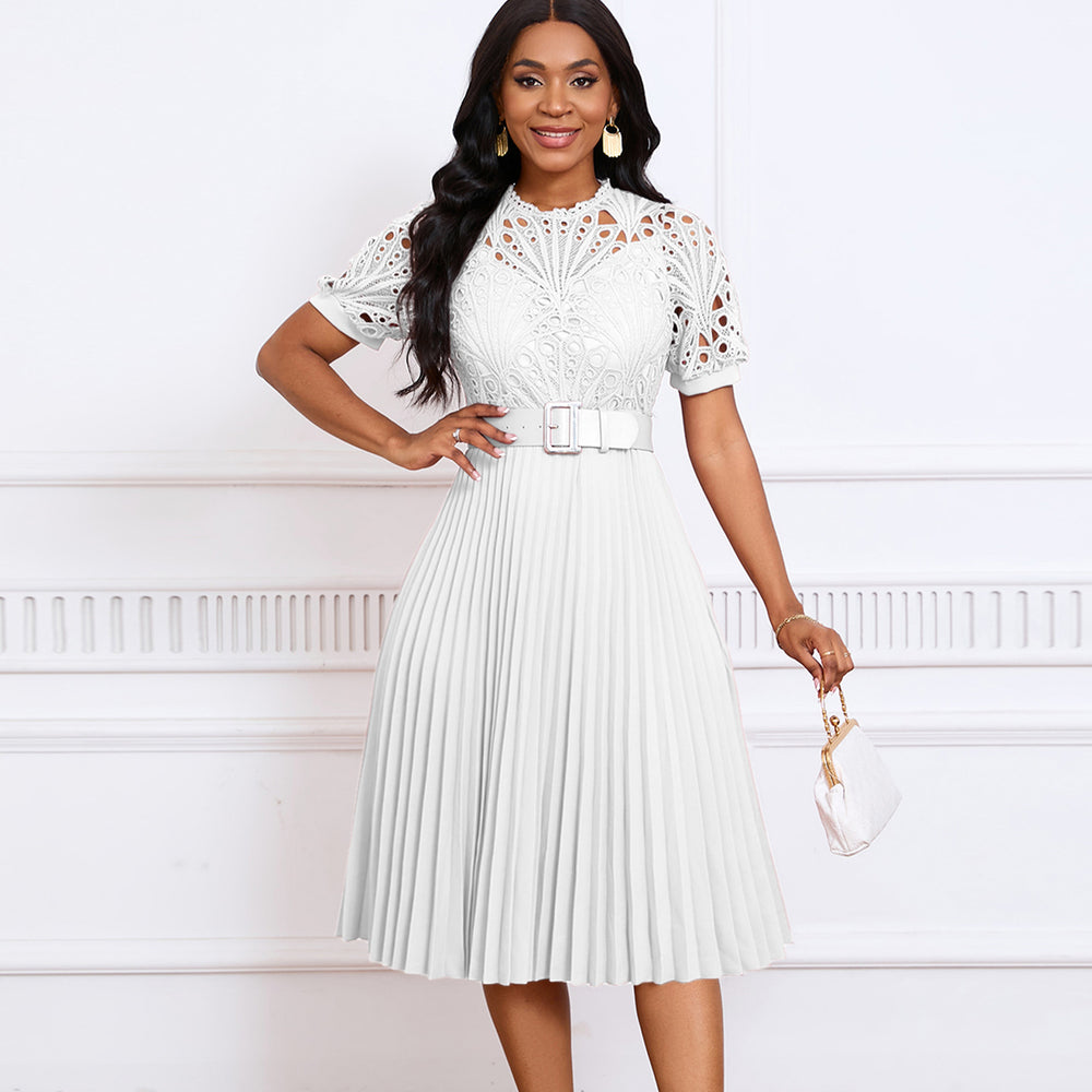 D499 european and american style women's  new short-sleeve lace trim pleated african dress - cross-border evening gown