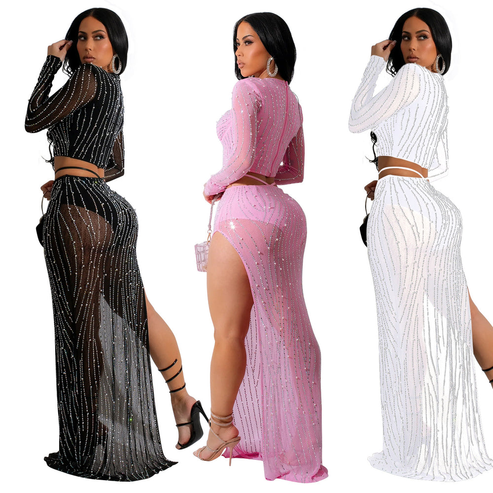 C6861 cross-border   fashion women's solid color mesh rhinestone long sleeve maxi dress two-piece set