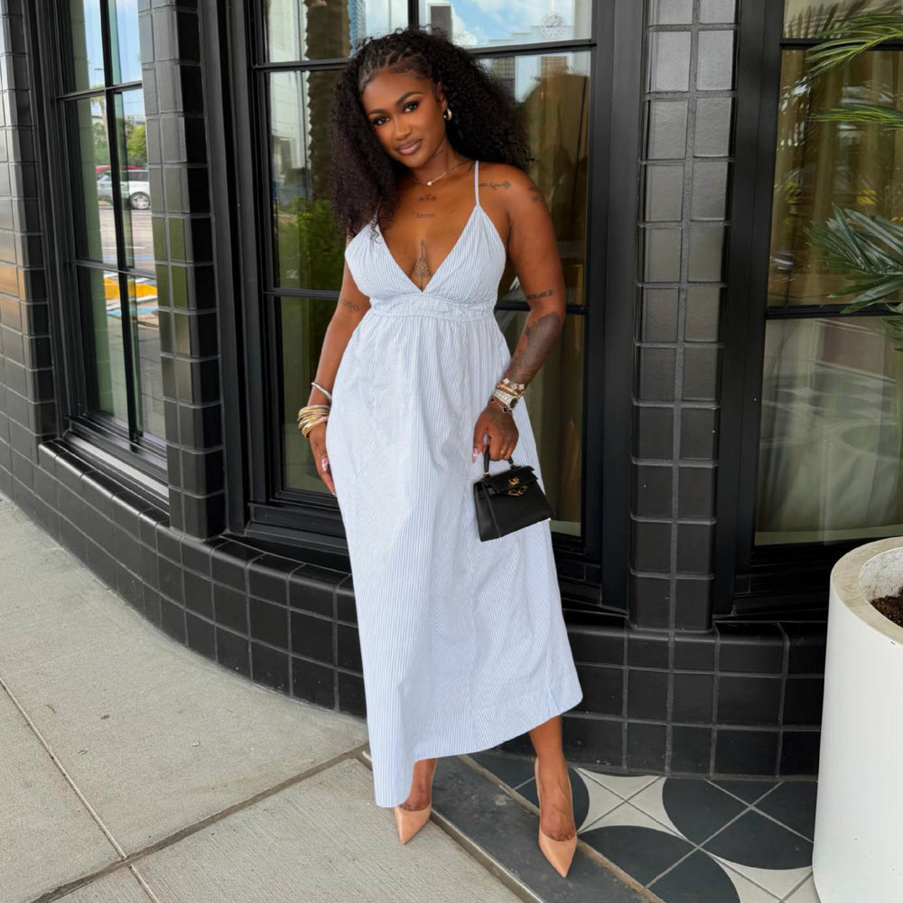 European and american cross-border women's fashion:  summer new arrival - chic v-neck striped high-waisted midi slip dress