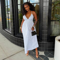 European and american cross-border women's fashion:  summer new arrival - chic v-neck striped high-waisted midi slip dress