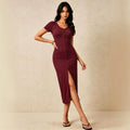 independent station fashionv neck short-sleeved dress single-breasted slit waist slimming lookelegant mid-length skirt