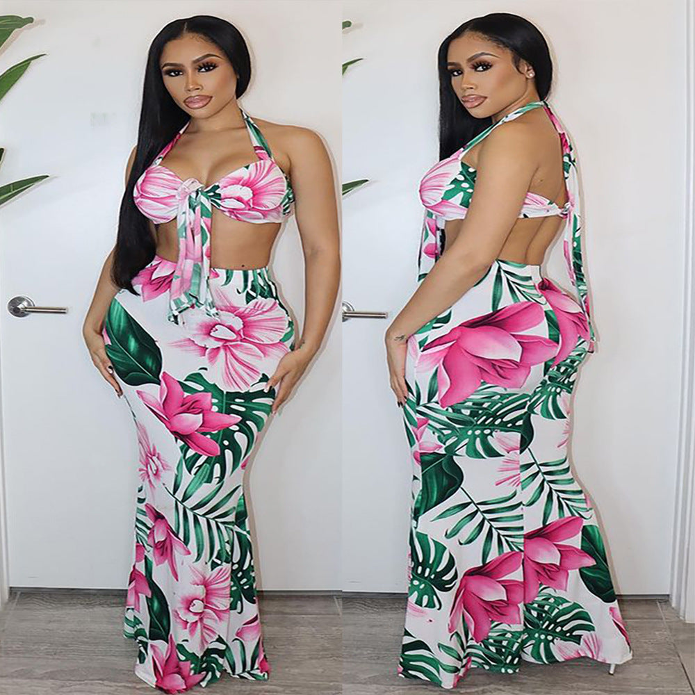 A20306 european and american cross-border women's fashion  sexy printed tie-up bandeau top + ruffle skirt 2-piece set