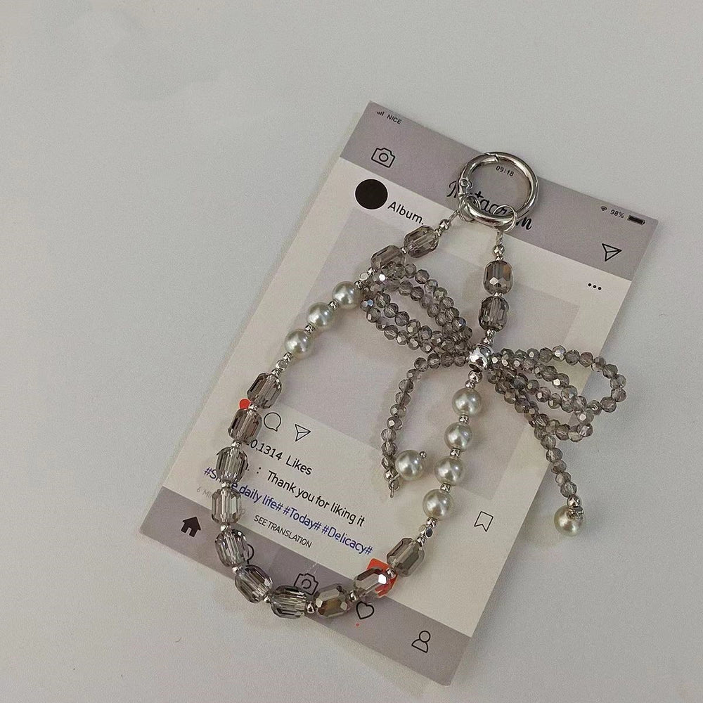 Luxury pearl bowknot phone charm - premium short 3d crystal wrist strap