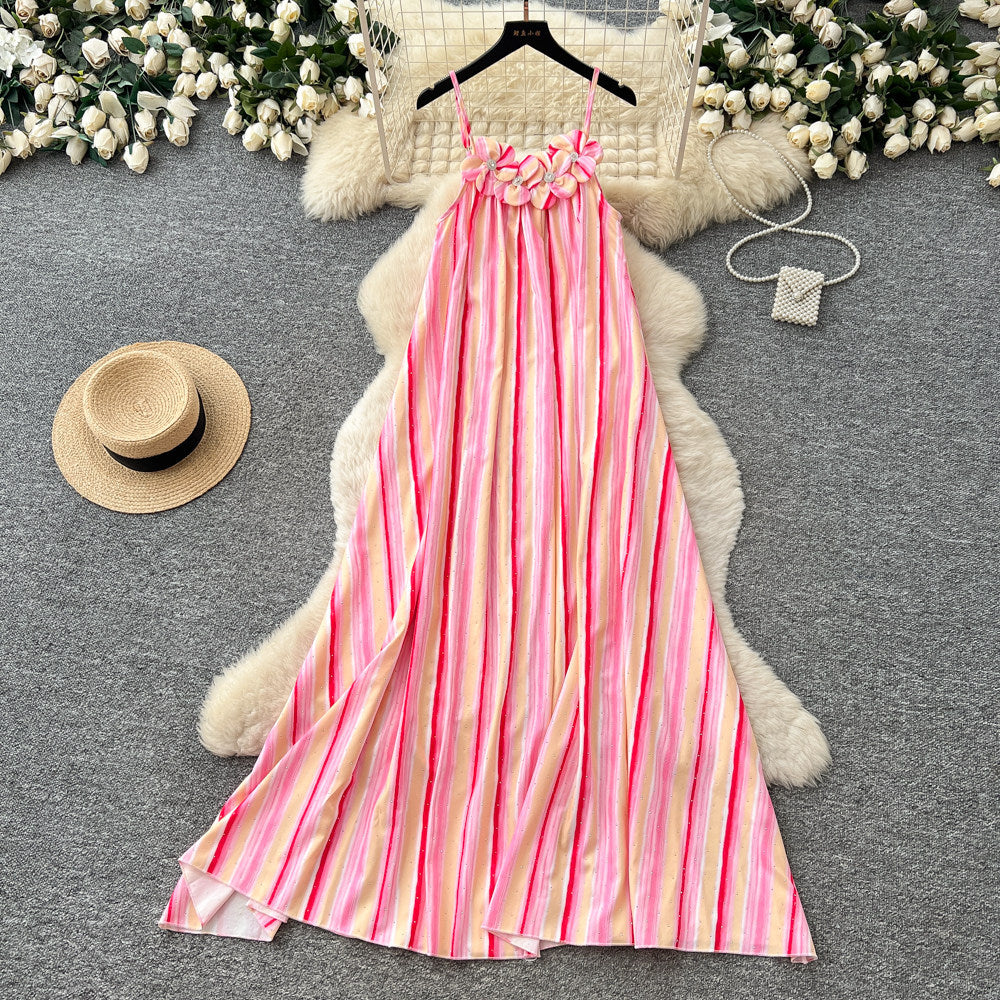 K-stylestripes suspender small diamond flower dress women's summerhigh waista word easiest for match long skirtwork clothing outfit skirt