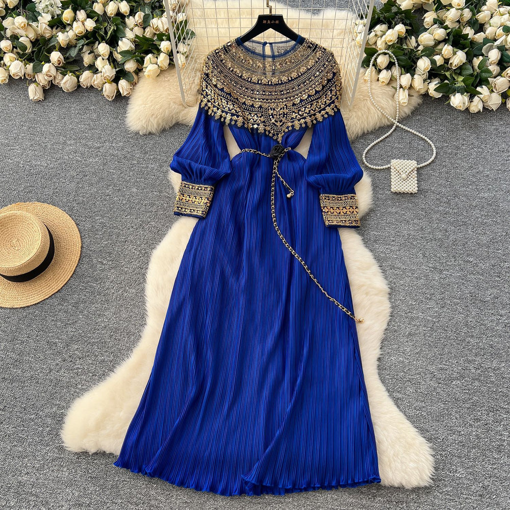 Frenchclassyelegantheavy sequin embroidered beadspatchworklong sleevesdress women's strappy waist elegant pleated long skirt