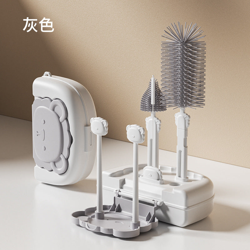Cartoon baby bottle brush set - portable silicone nipple brush, baby cleaning brush, travel size with drain rack