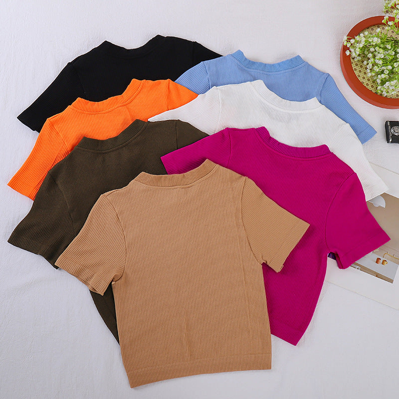 Cross-border new crew neck T-shirt  yoga sports short-sleeved threaded cotton spring and summer pullover short-sleeved top