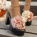 Plus size women's sandals for export -  summer new arrival: one-strap, floral appliqué, wedge heel, thick-soled beach slippers for cross-border e-commerce