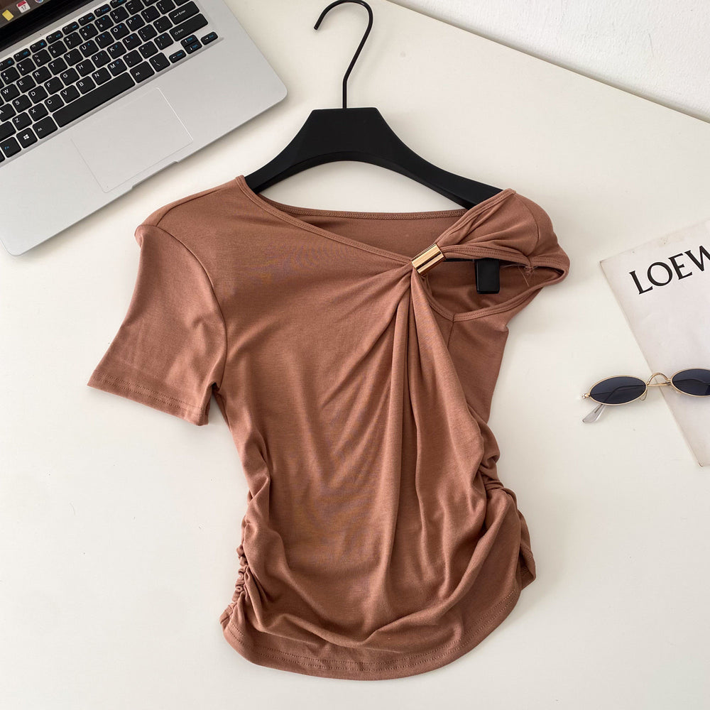 Korean style commute chic one-shoulder twist knot minimalist short sleeve t-shirt - women's summer loose fit, slimming design with ruched detail