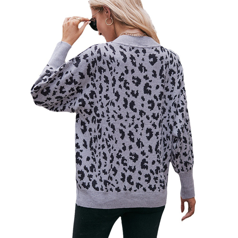 Europe, America and  2023 autumn and winter  new women's clothing V-neck off-the-shoulder leopard print pullover loose fashion sweater