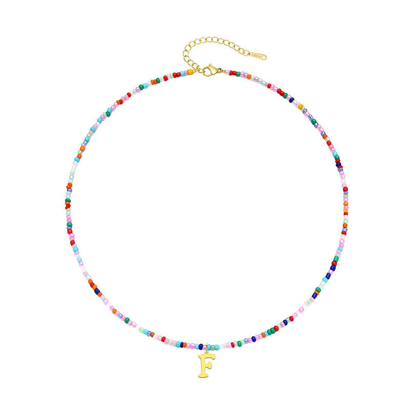 European and american cross-border colorful beaded initial necklace, 18k gold plated choker, bohemian stainless steel necklace