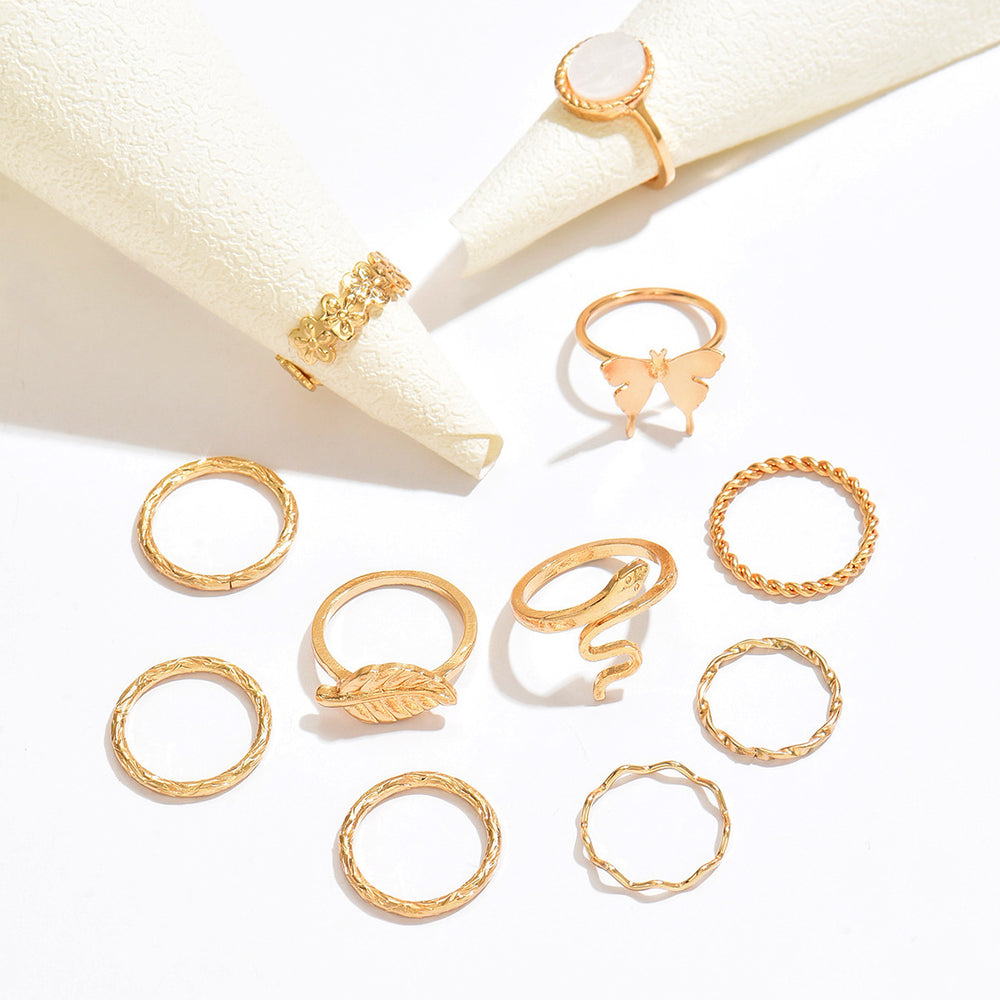 European and american cross-border minimalist retro floral butterfly ring set - elegant, versatile, metal plain band stackable jewelry for women