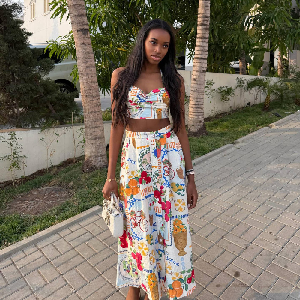 European and american cross-border women's fashion:  summer new arrival - elegant printed sleeveless cami top and high-waisted midi skirt set