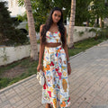 European and american cross-border women's fashion:  summer new arrival - elegant printed sleeveless cami top and high-waisted midi skirt set