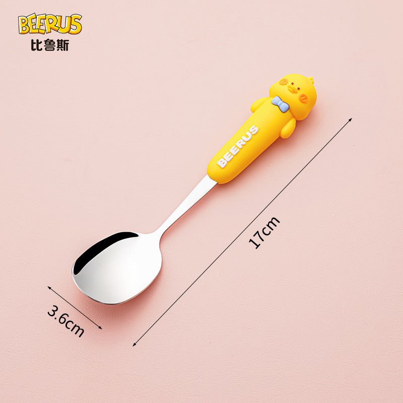 High-quality, adorable cartoon children's cutlery set featuring a cute bear design. includes a fork, spoon, and is perfect for school lunches. made of durable silicone, these portable forks and spoons are available for wholesale