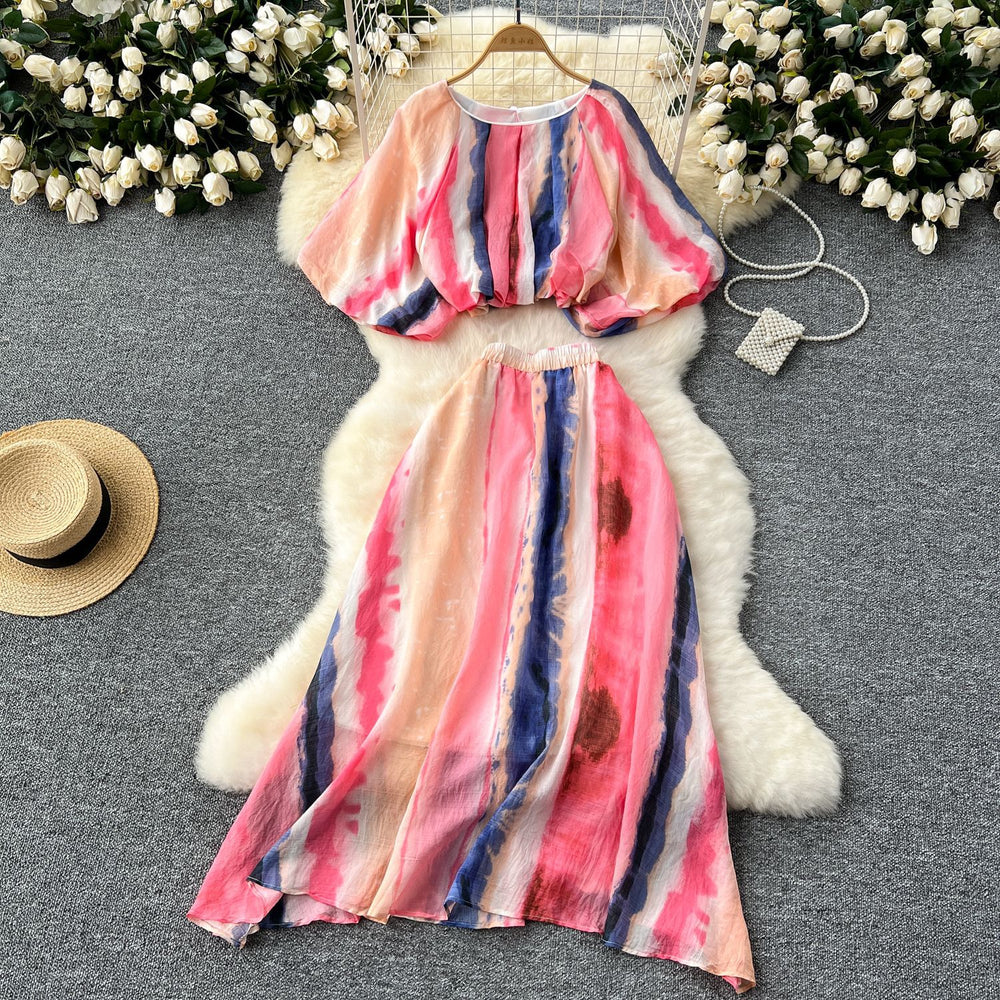 European and american style age-defying two-piece outfit: round neck lantern sleeve printed top + high-waisted flared skirt color block set