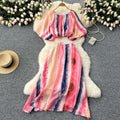 European and american style age-defying two-piece outfit: round neck lantern sleeve printed top + high-waisted flared skirt color block set