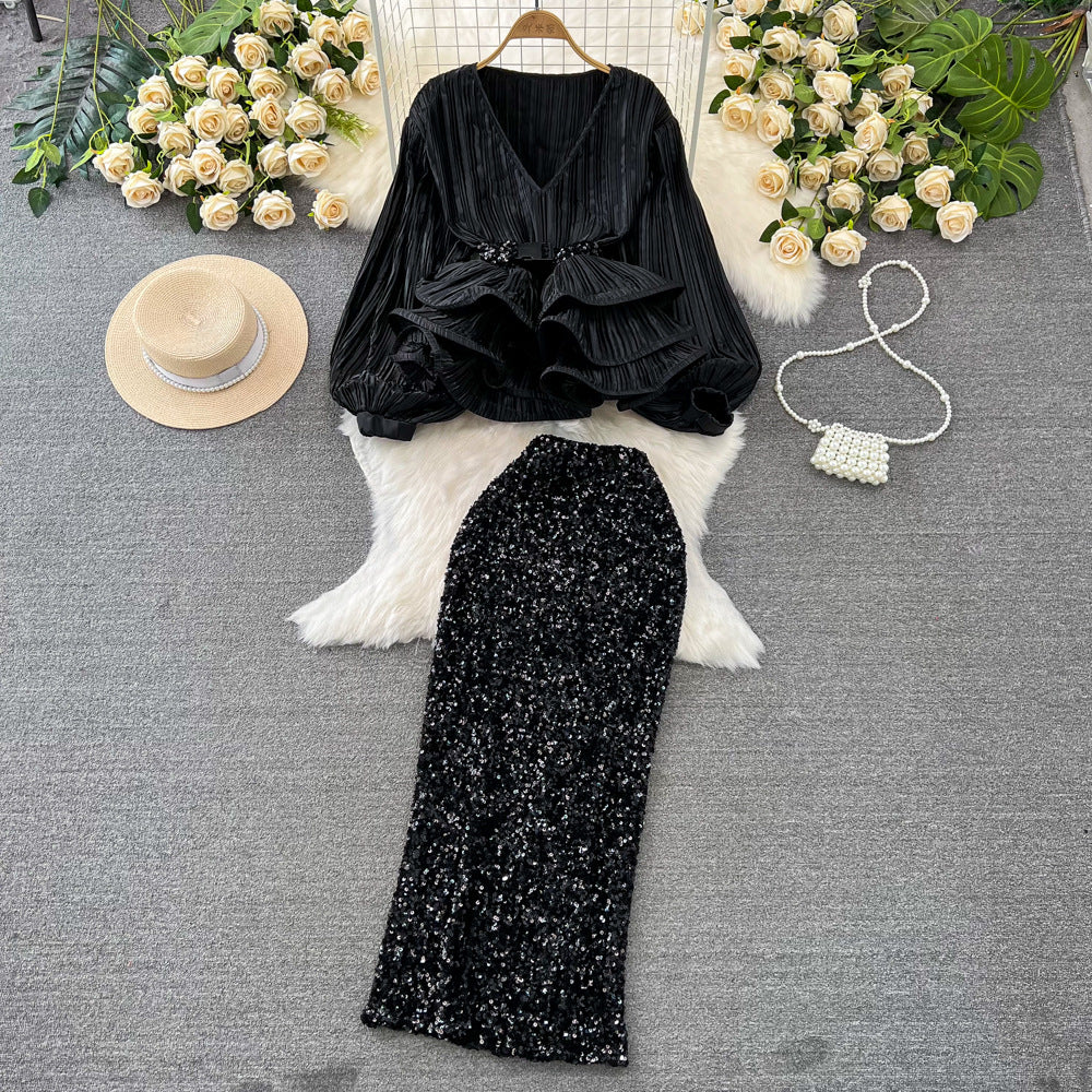 Fashionsuit female socialite elegant lantern long sleevesv neck lotus leaf swing bright shirt female high waistsequin skirt